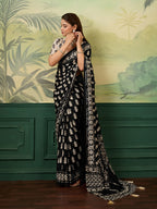 Dwija Fashion Women'S Party Wear Digital Printed With Mirror Work Chinon Silk Designer Saree With Unstitched Blouse-Black | Grocsy