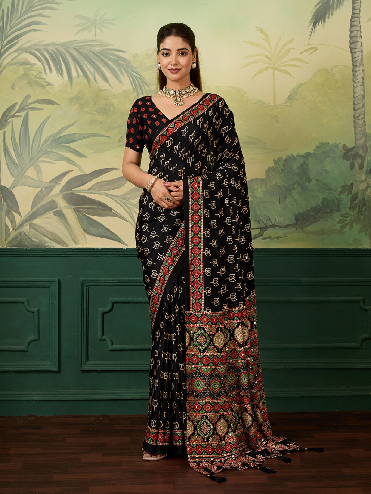 Dwija Fashion Women'S Party Wear Digital Printed With Mirror Work Chinon Silk Designer Saree With Unstitched Blouse-Black | Grocsy