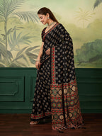 Dwija Fashion Women'S Party Wear Digital Printed With Mirror Work Chinon Silk Designer Saree With Unstitched Blouse-Black | Grocsy