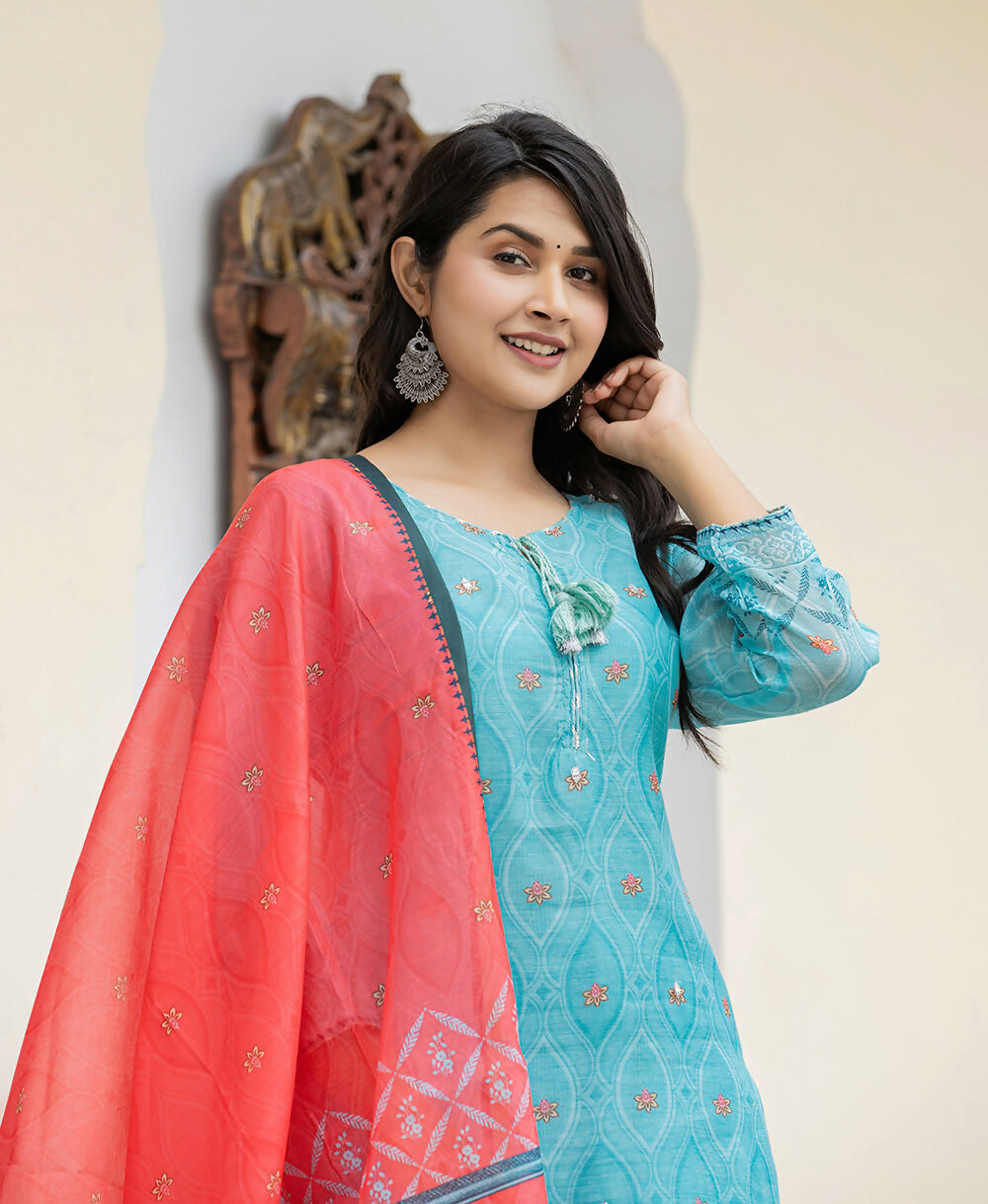Kaajh Women's Sky Blue Printed Chanderi Kurta Pant Set With Dupatta | Grocsy