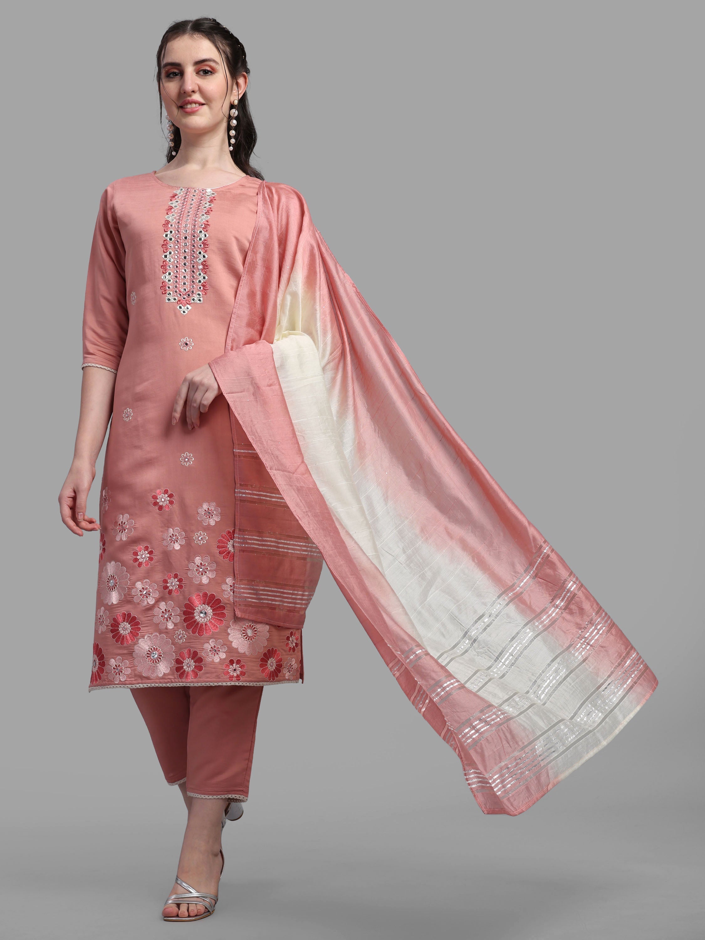 Embroidered Kurta With Pant & Dupatta Set, Multicolor - Hiral Fashion | Grocsy