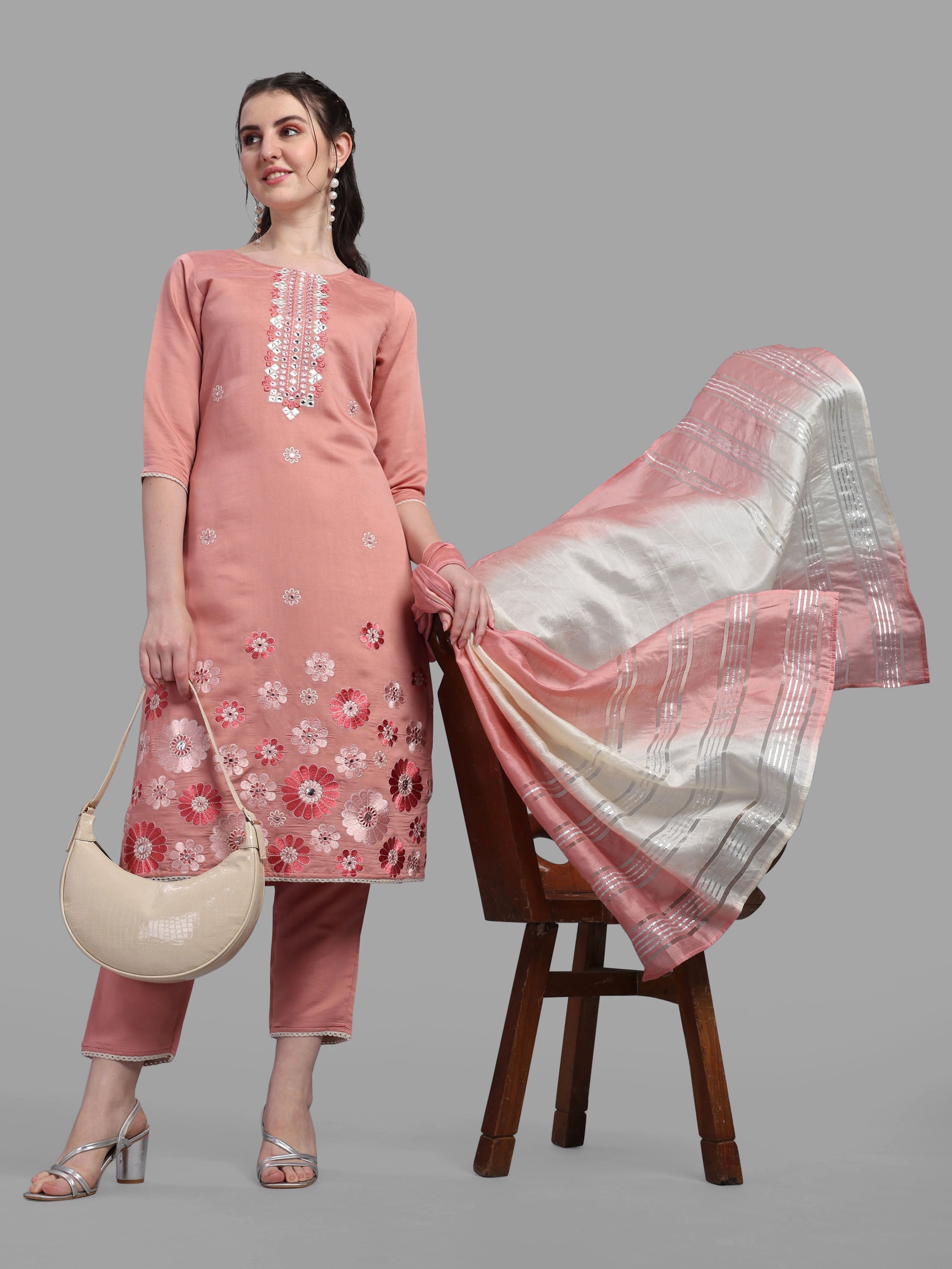 Embroidered Kurta With Pant & Dupatta Set, Multicolor - Hiral Fashion | Grocsy