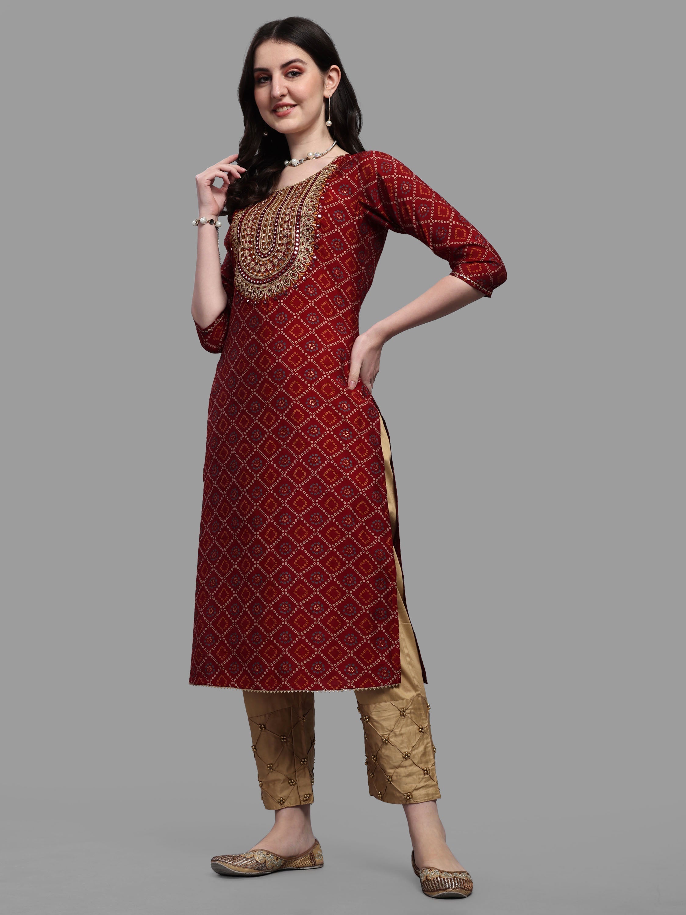 Embroidered Bandhani Printed Kurta With Pant & Dupatta Set, Multicolor - Hiral Fashion | Grocsy