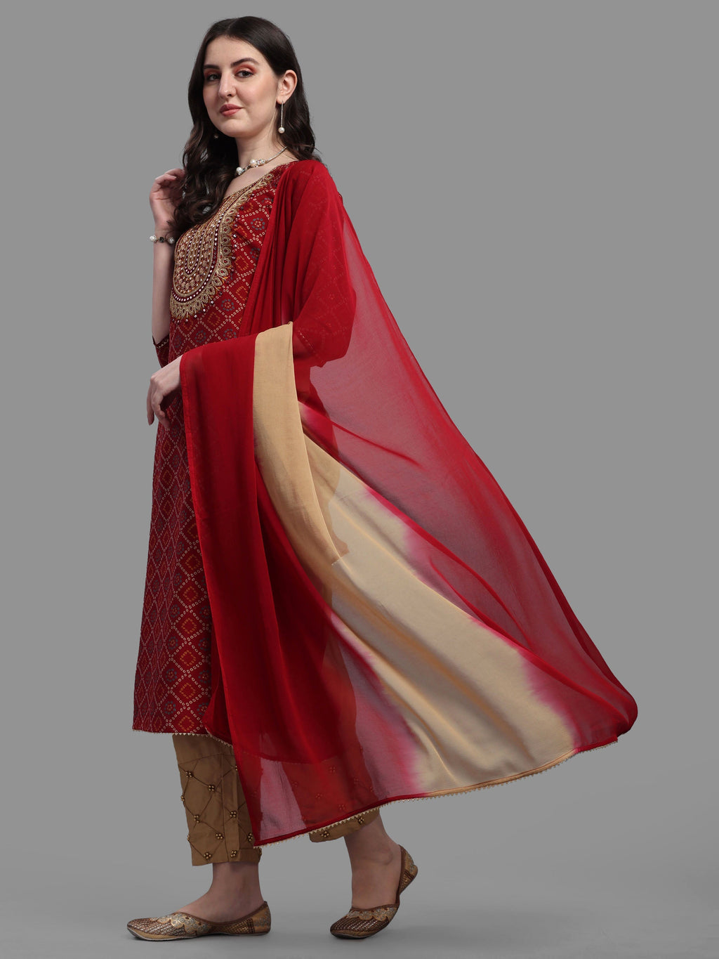 Embroidered Bandhani Printed Kurta With Pant & Dupatta Set, Multicolor - Hiral Fashion | Grocsy