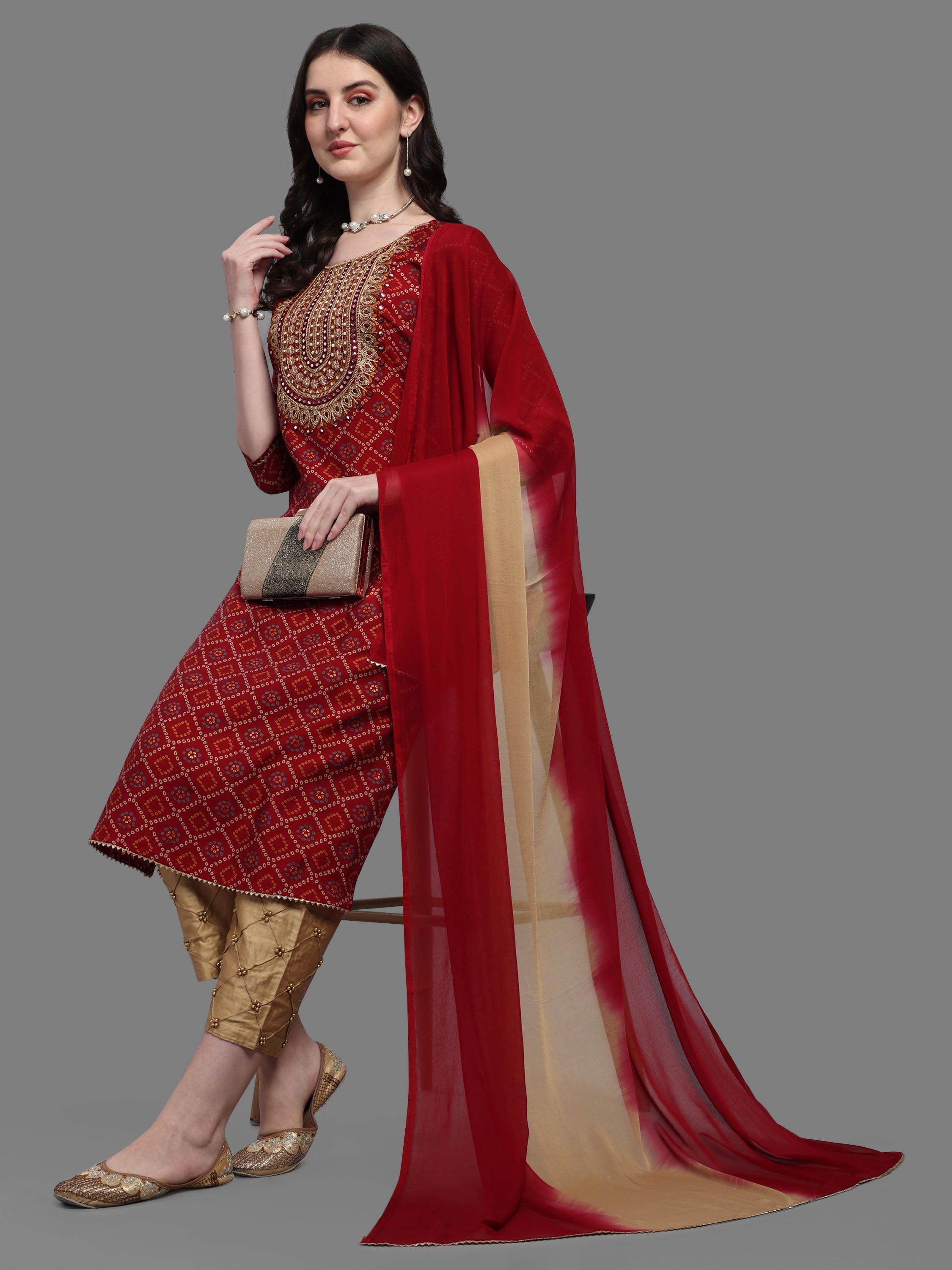 Embroidered Bandhani Printed Kurta With Pant & Dupatta Set, Multicolor - Hiral Fashion | Grocsy