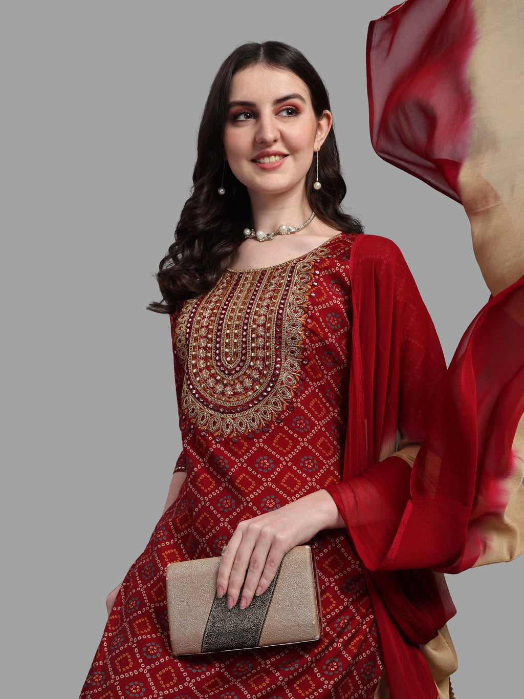 Embroidered Bandhani Printed Kurta With Pant & Dupatta Set, Multicolor - Hiral Fashion | Grocsy