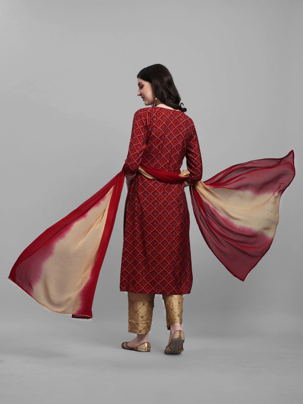 Embroidered Bandhani Printed Kurta With Pant & Dupatta Set, Multicolor - Hiral Fashion | Grocsy