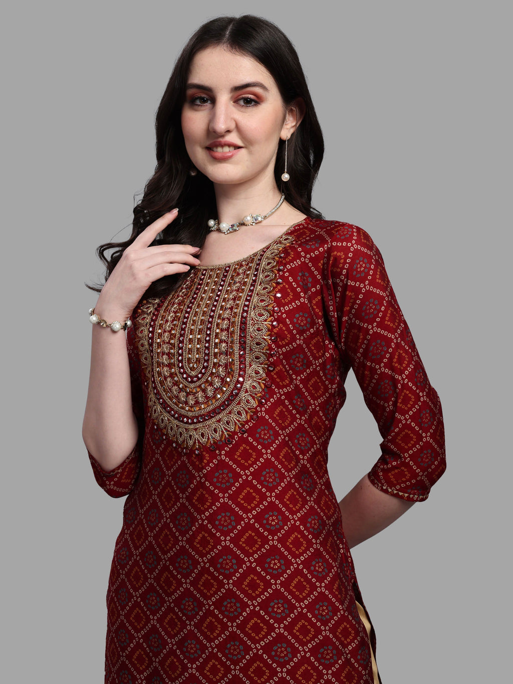 Embroidered Bandhani Printed Kurta With Pant & Dupatta Set, Multicolor - Hiral Fashion | Grocsy