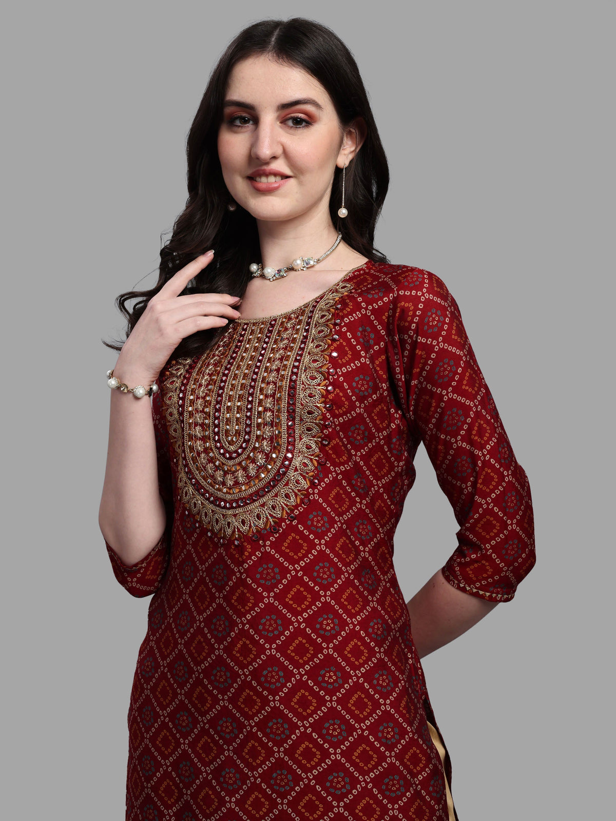 Embroidered Bandhani Printed Kurta With Pant & Dupatta Set, Multicolor - Hiral Fashion | Grocsy