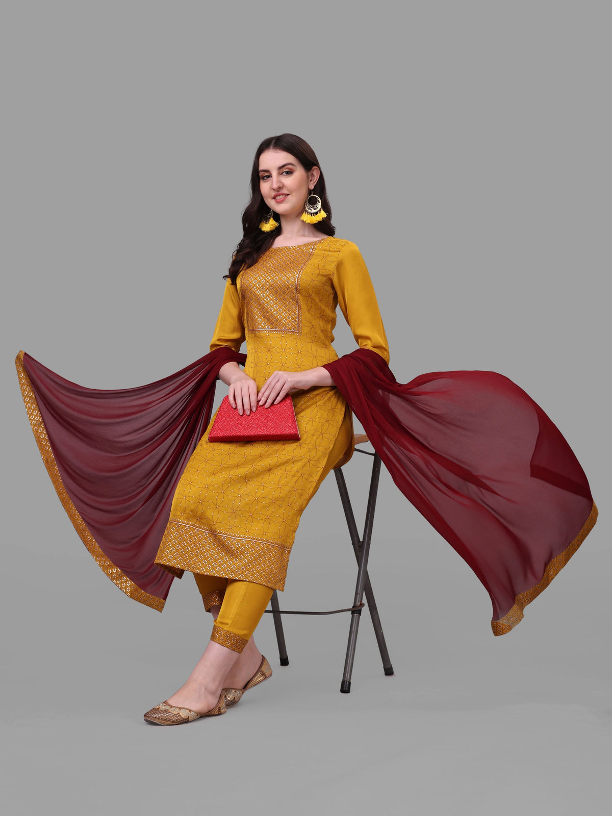 Embroidered Printed Kurta With Pant And Dupatta Set, Multicolor - Hiral Fashion | Grocsy