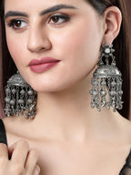 NVR Women's Silver Plated Mirror Work Oxidised Contemporary Jhumka Earrings | Grocsy
