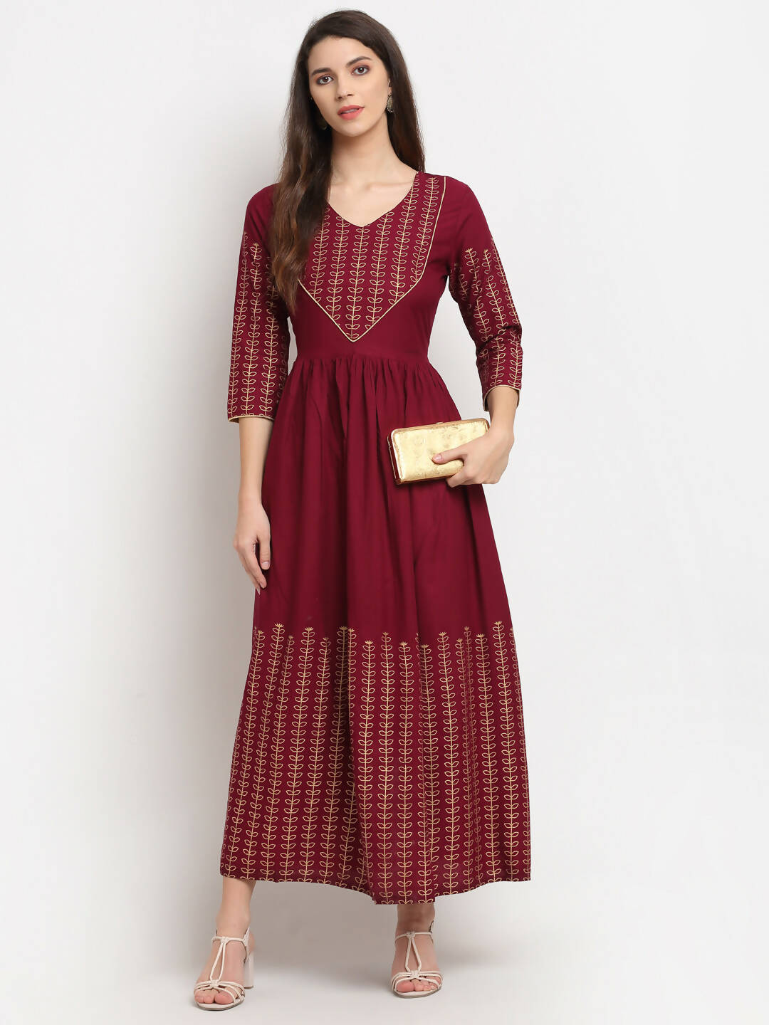 Rudra bazaar Gold Printed A-line flared Maroon Kurti | Grocsy