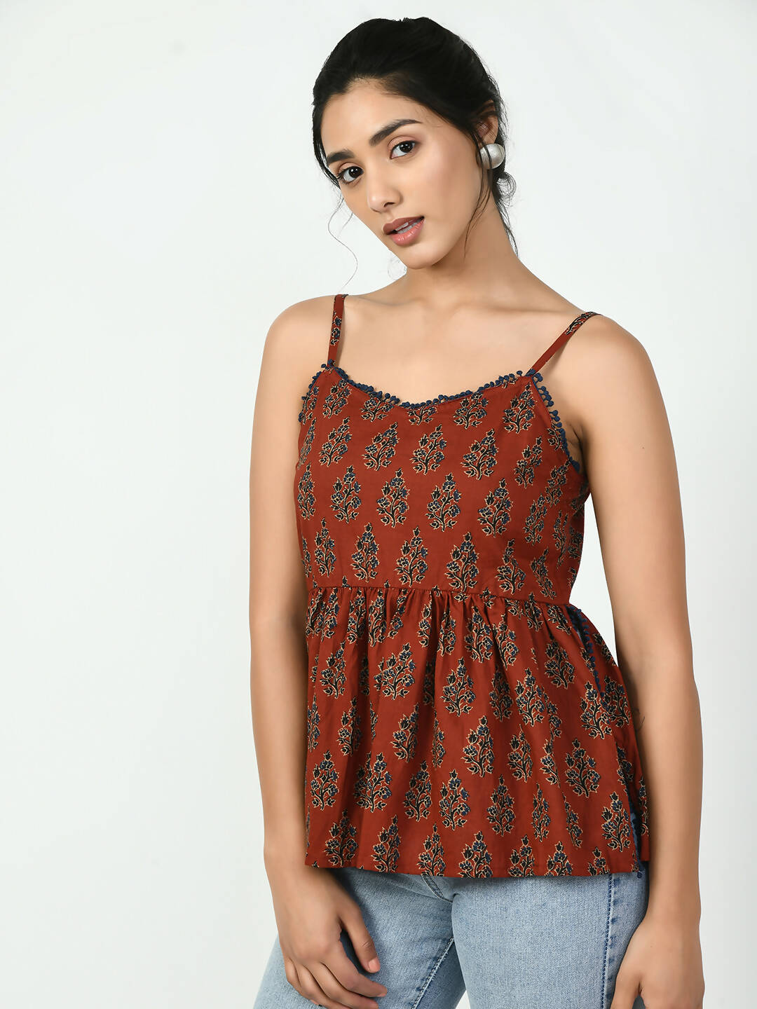 Myshka Women's Rust Ethnic Motifs Printed Top | Grocsy