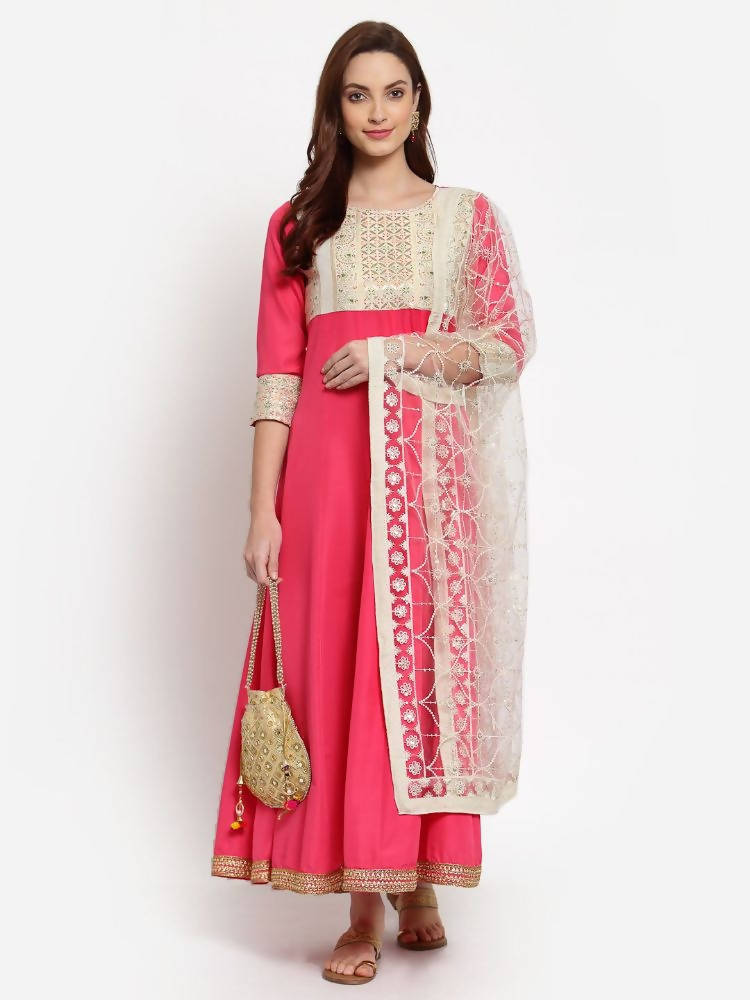 Myshka Women's Pink Solid Rayon 3/4 Sleeve Round Neck Casual Anarkali Kurta Dupatta Set | Grocsy