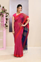 Piyari Fashion Women's Pink Temple Border Embellished Cotton Blend Jamdani Saree | Grocsy