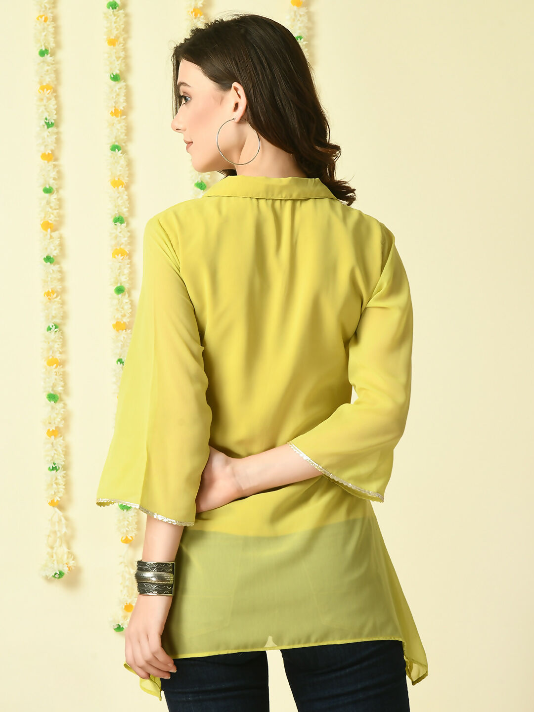 Myshka Women's Yellow Embroidered Party Fusion Top | Grocsy