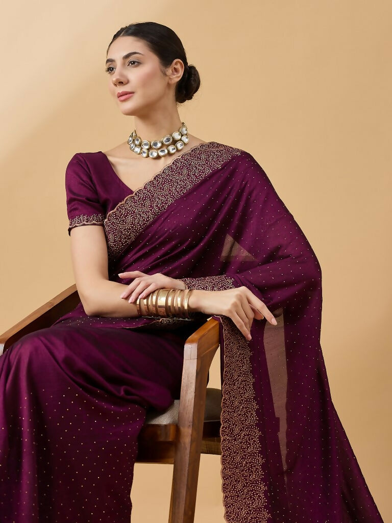 Purple Silk Blend Embroidered Saree with Unstitched Blouse - Vairagi | Grocsy
