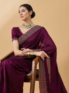 Purple Silk Blend Embroidered Saree with Unstitched Blouse - Vairagi | Grocsy