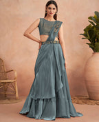 Blue Satin Embroidered Ready To Wear Saree With Unstitched Blouse Piece - Nandika | Grocsy