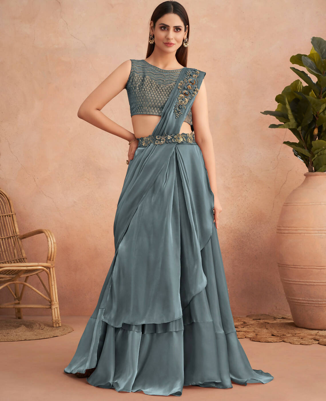 Blue Satin Embroidered Ready To Wear Saree With Unstitched Blouse Piece - Nandika | Grocsy