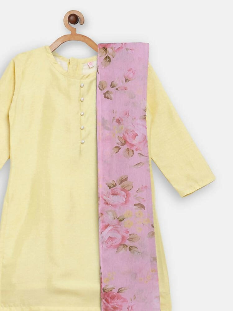 Ahalyaa Yellow Poly Silk Kids Kurta Pant With Dupatta For Girls | Grocsy