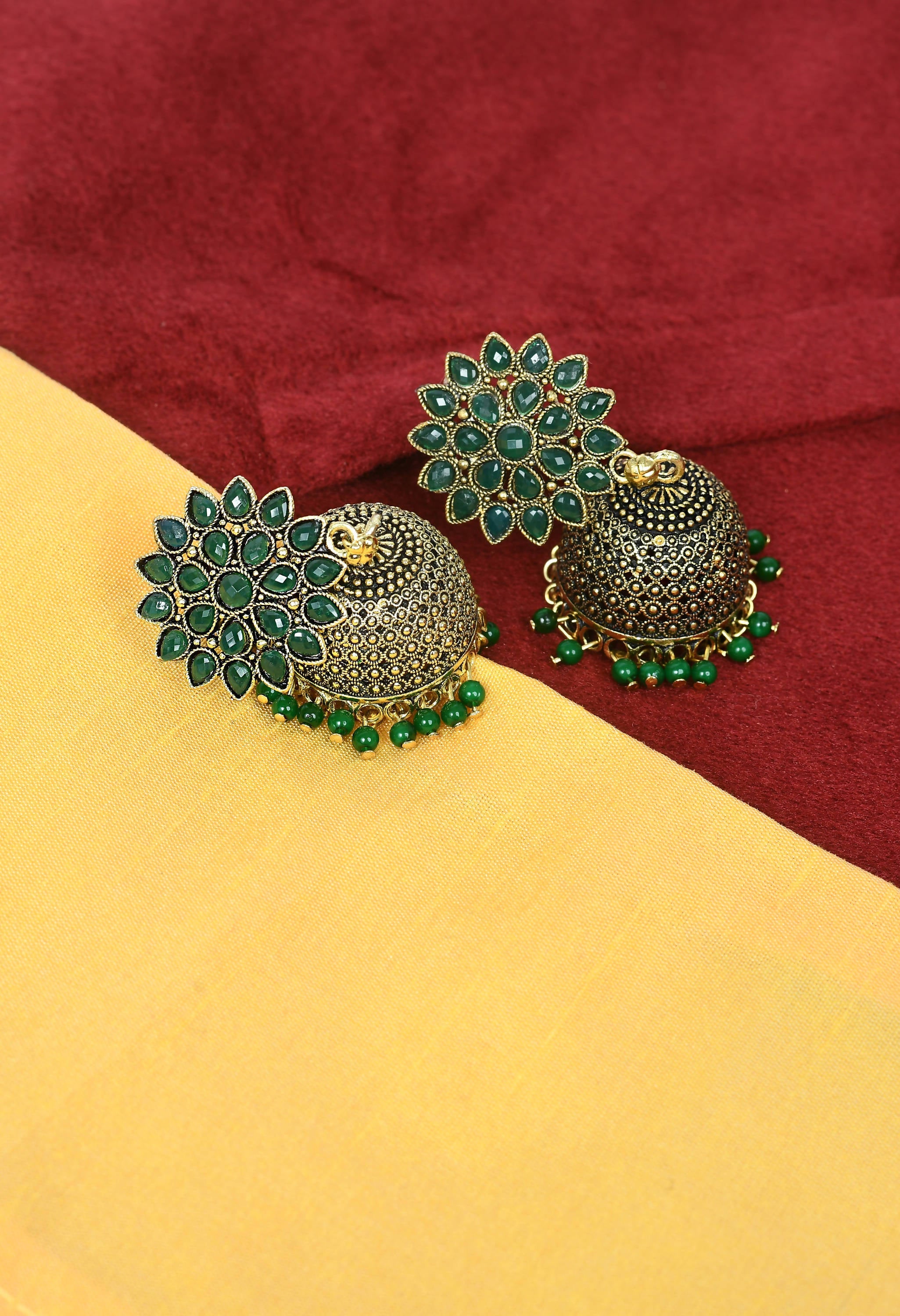 Mominos Fashion Johar Kamal Beautiful Kundan Work Jhumka With Green Beads