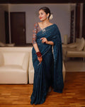 Blue Pure Linen Ethnic Motifs Saree with Unstitched Blouse - A2M | Grocsy