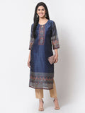 Myshka Navy Blue Printed Chanderi Silk 3/4 Sleeve Round Neck Casual Kurta | Grocsy