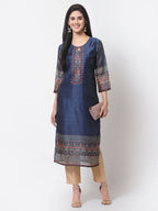 Myshka Navy Blue Printed Chanderi Silk 3/4 Sleeve Round Neck Casual Kurta | Grocsy