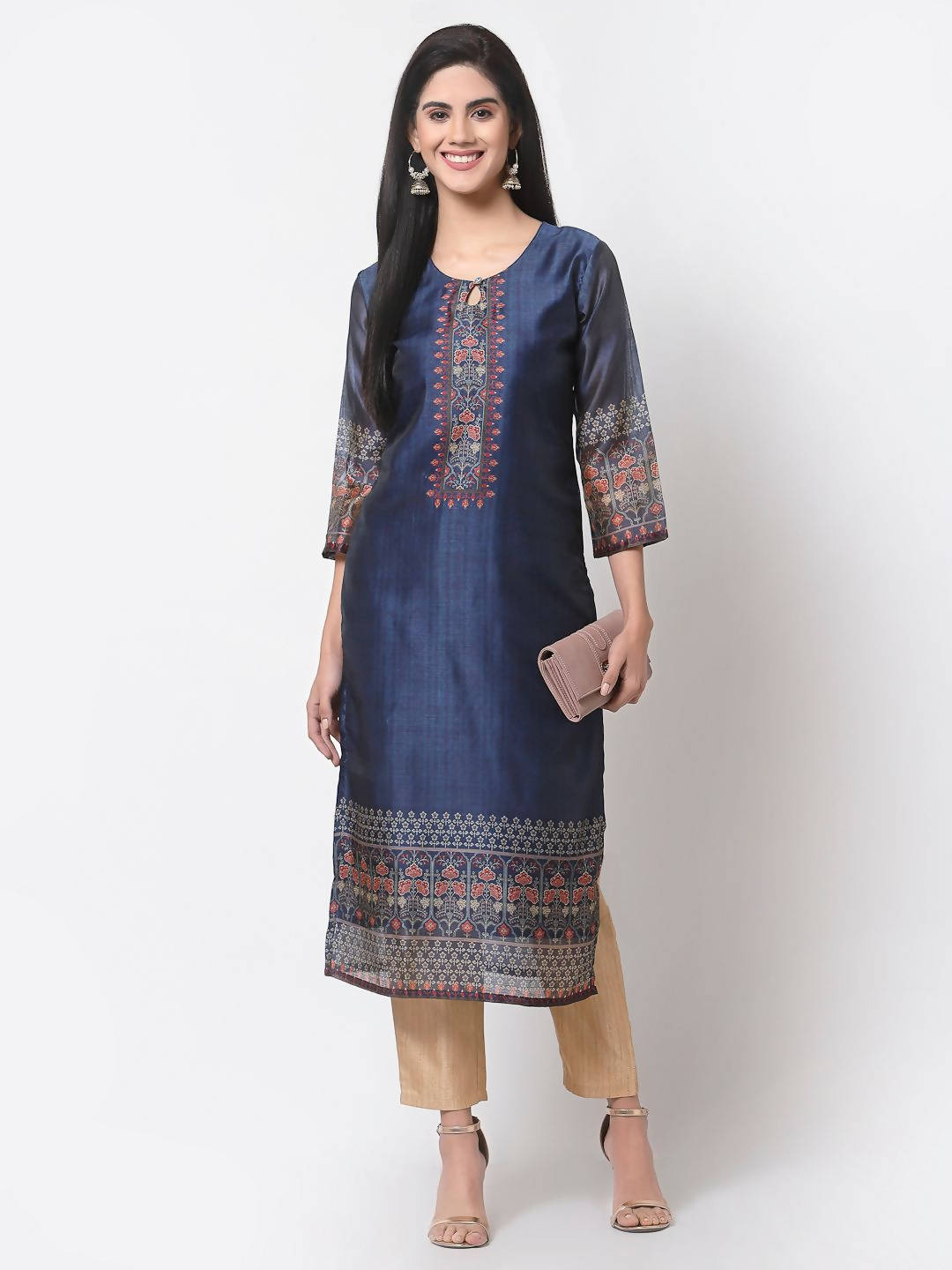 Myshka Navy Blue Printed Chanderi Silk 3/4 Sleeve Round Neck Casual Kurta | Grocsy