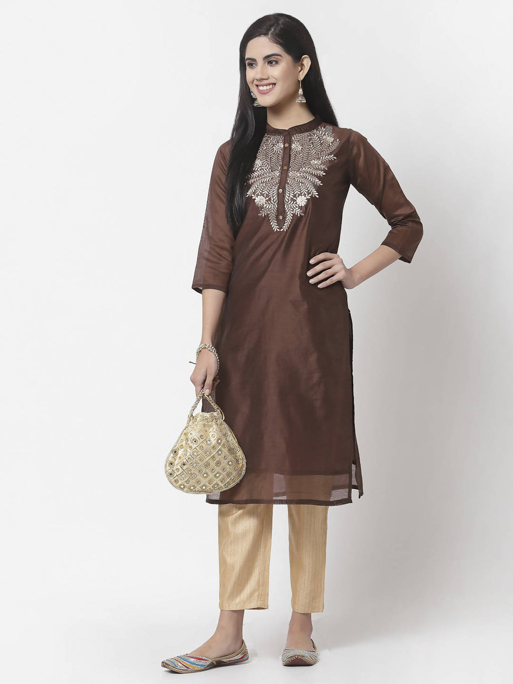 Myshka Women Maroon Chanderi Embroidered 3/4 Sleeve Round Neck Kurta | Grocsy
