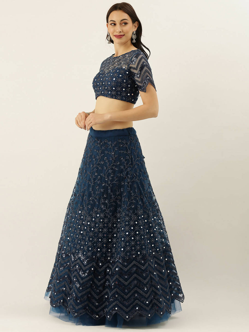 House of Panchhi Navy Blue Net Semi Stitched Coding, Sequins and Mirror work Lehenga Choli | Grocsy