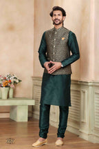 Raivat Ethnic Jacquard Banarasi Silk Woven Work 3 Pics Jacket Set In Green Colour | Grocsy