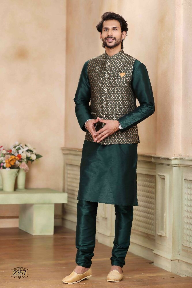 Raivat Ethnic Jacquard Banarasi Silk Woven Work 3 Pics Jacket Set In Green Colour | Grocsy
