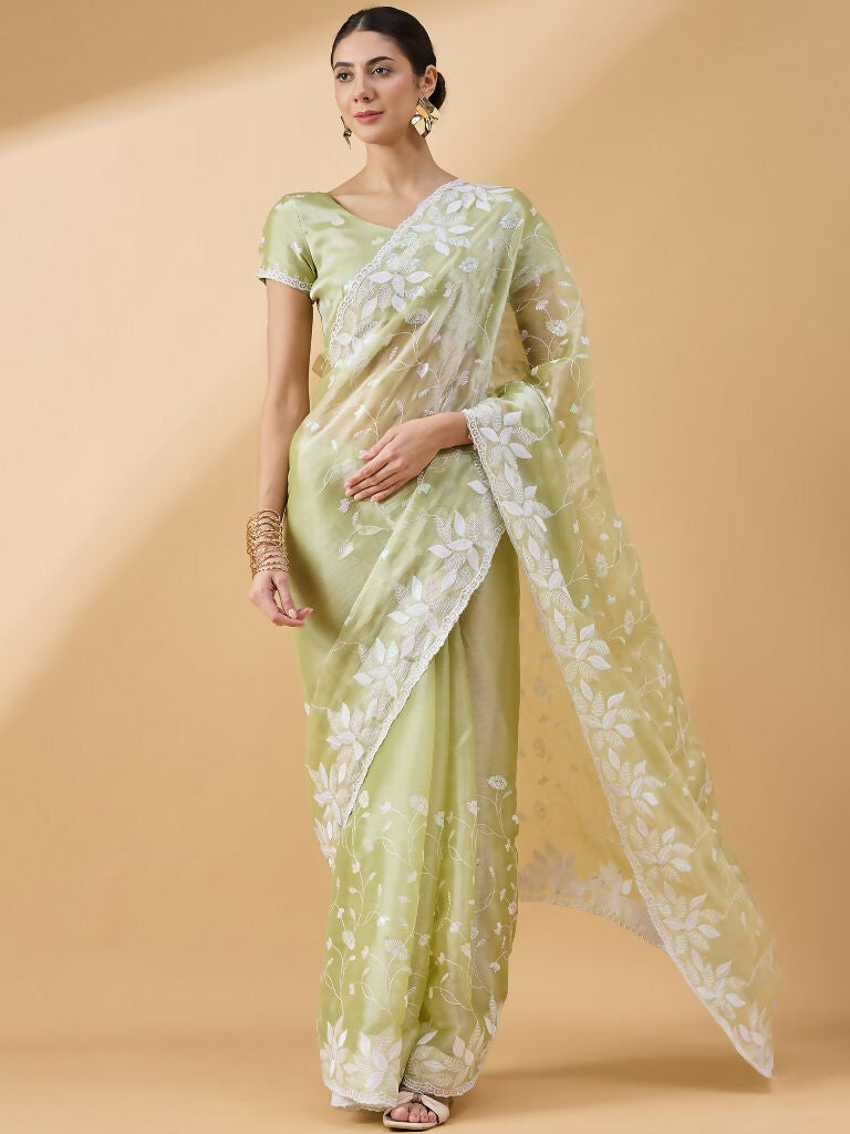 Green Tissue Slub Embroidered Saree with Unstitched Blouse - Vairagi | Grocsy