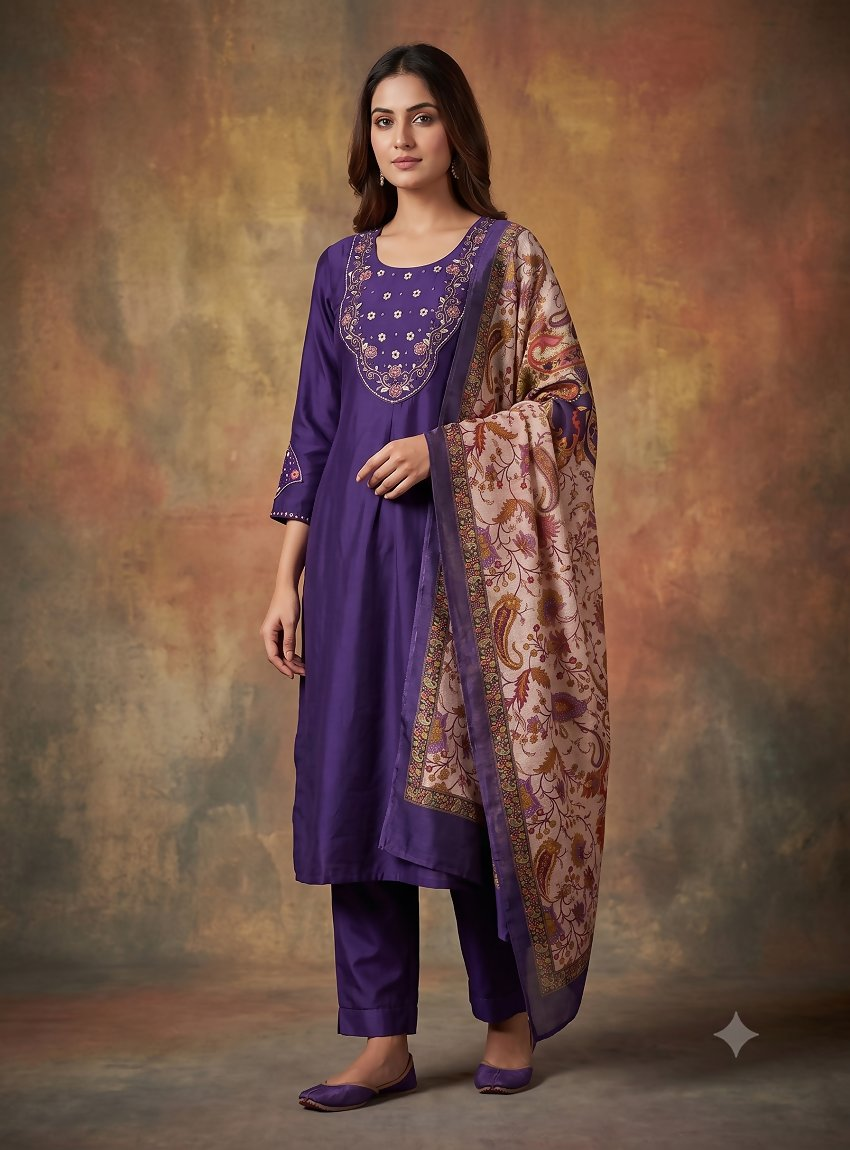 Teeya Creation Women Purple Embroidered Straight Kurta Set With Dupatta | Grocsy