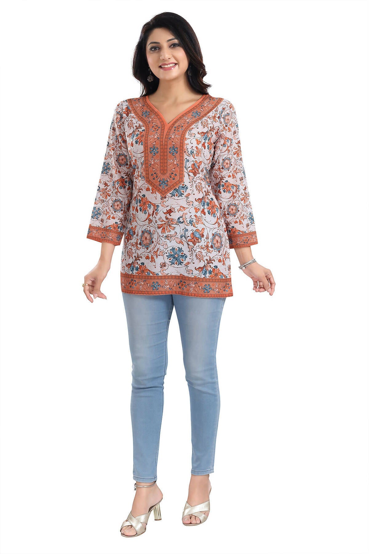 Snehal Creations Cream Faux Crepe Short Kurti Tunic Top | Grocsy