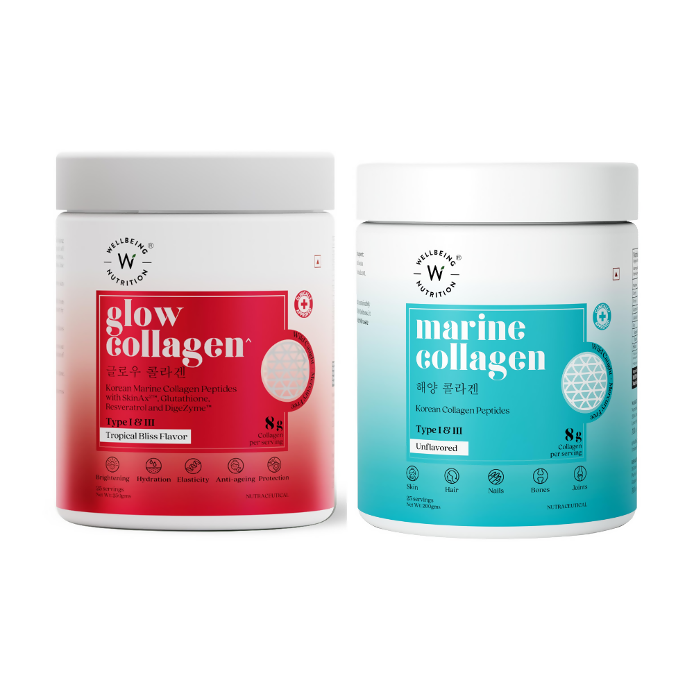 Wellbeing Nutrition Glow Korean Marine Collagen Peptides Tropical Bliss Flavor & Unflavored Combo | Grocsy