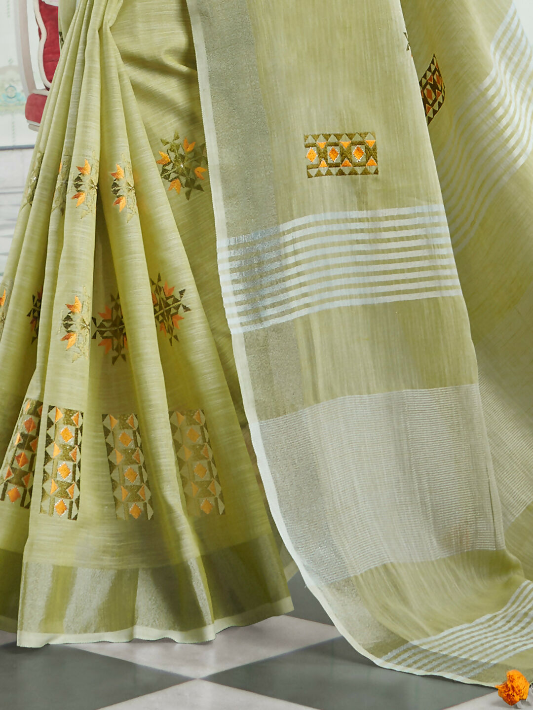 Shree Shyam Fashion Linen Pista Green Saree | Grocsy