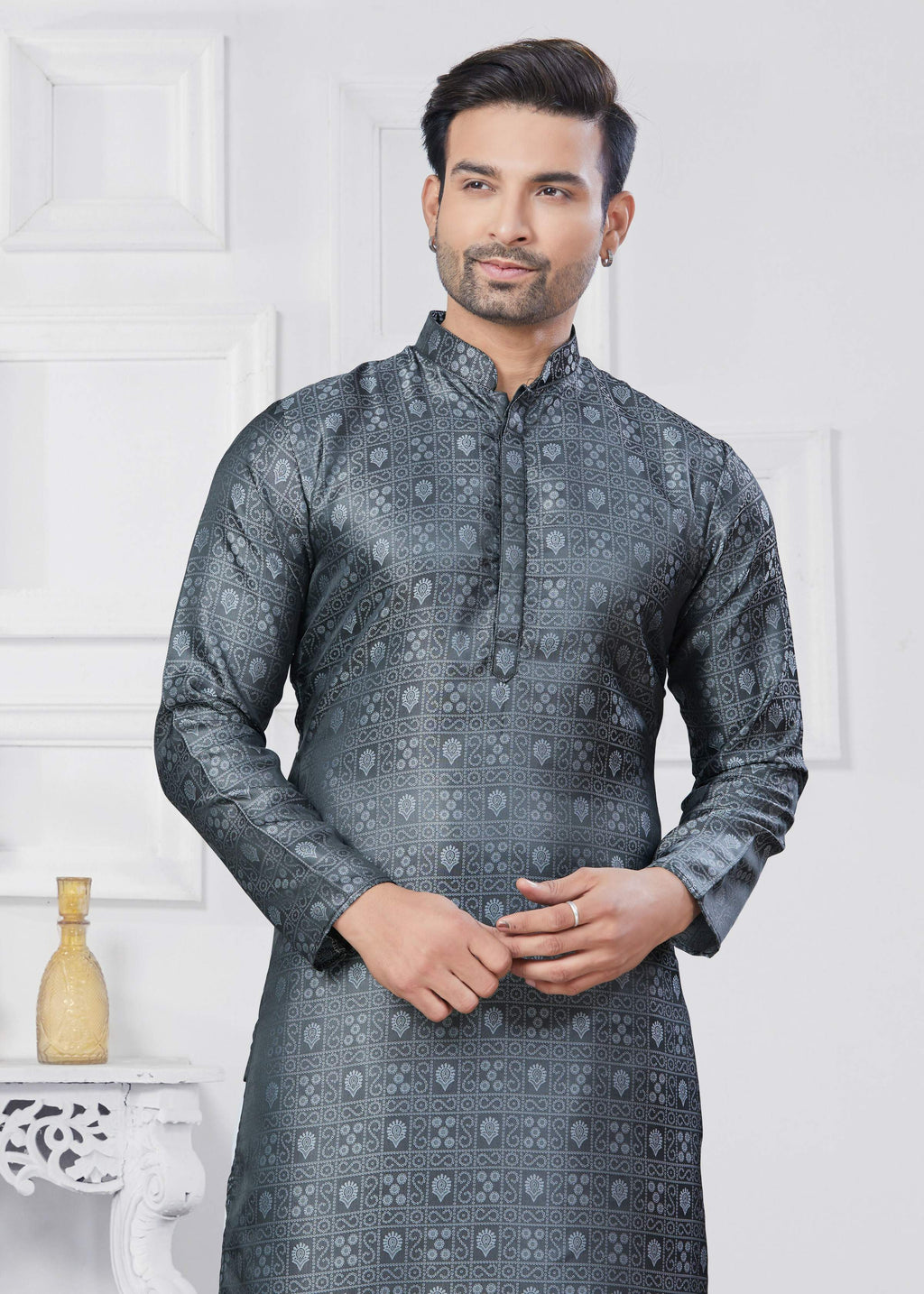 Joban Fashion Men's Jacquard Silk Grey Printed Kurta Pyjama set | Grocsy