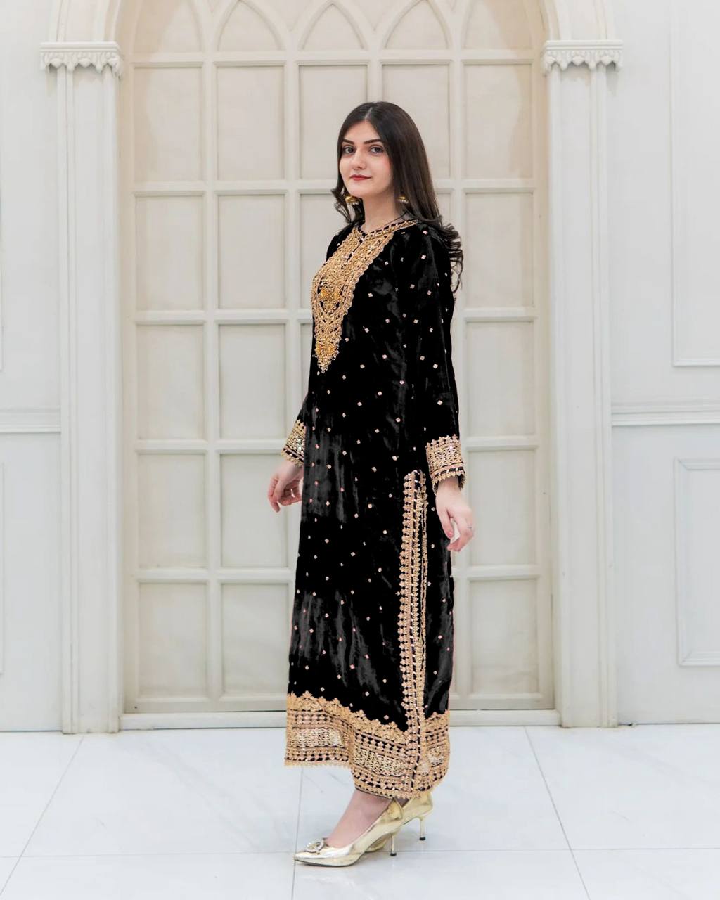Prazu Fashion Black Viscose Velvet Embroidered Sequins Salwar Suit | Grocsy