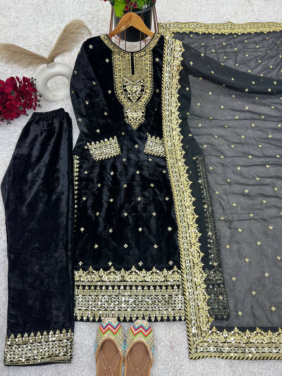 Prazu Fashion Black Viscose Velvet Embroidered Sequins Salwar Suit | Grocsy