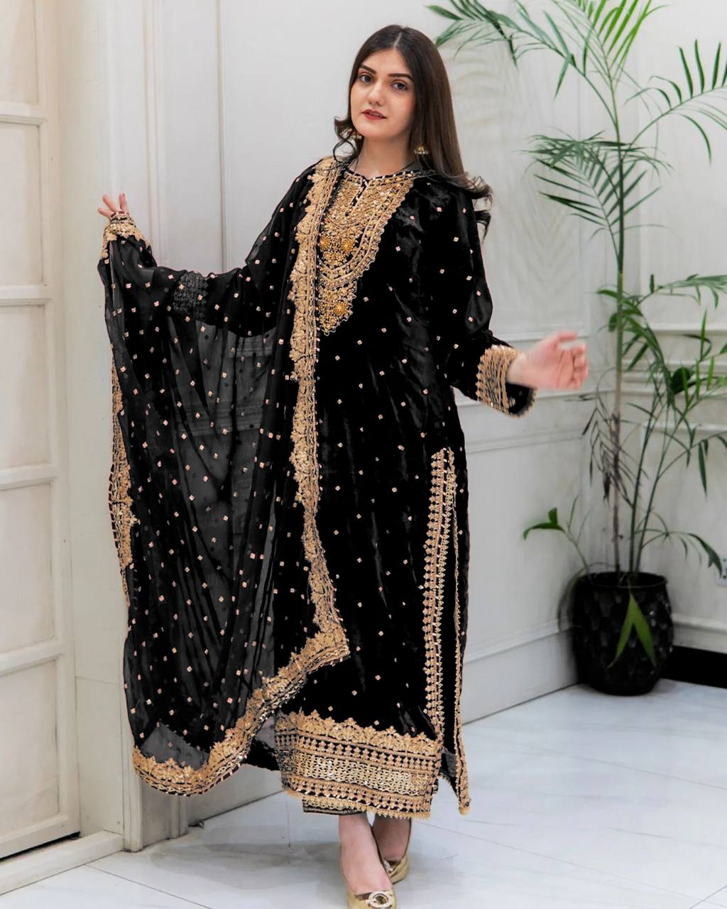 Prazu Fashion Black Viscose Velvet Embroidered Sequins Salwar Suit | Grocsy