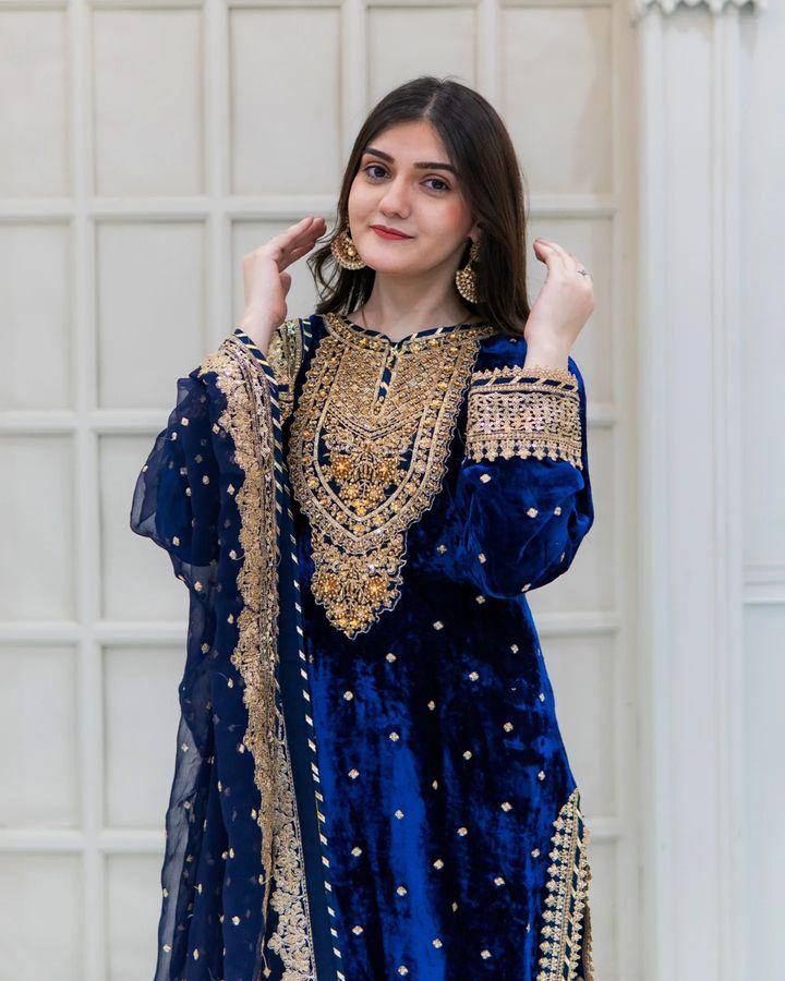 Prazu Fashion Blue Viscose Velvet Embroidered Sequins Salwar Suit | Grocsy