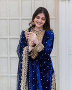 Prazu Fashion Blue Viscose Velvet Embroidered Sequins Salwar Suit | Grocsy