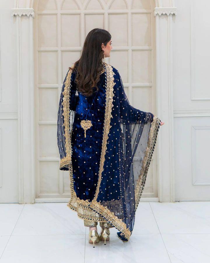 Prazu Fashion Blue Viscose Velvet Embroidered Sequins Salwar Suit | Grocsy