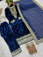 Prazu Fashion Blue Viscose Velvet Embroidered Sequins Salwar Suit | Grocsy
