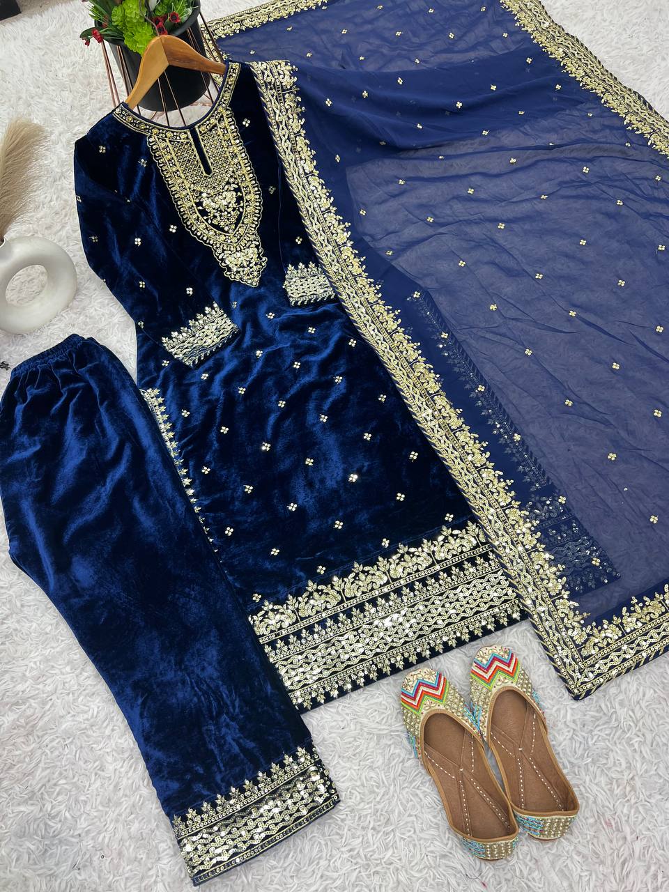 Prazu Fashion Blue Viscose Velvet Embroidered Sequins Salwar Suit | Grocsy