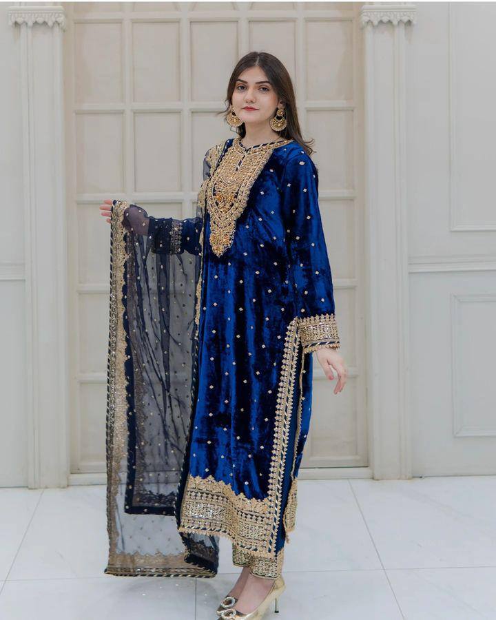 Prazu Fashion Blue Viscose Velvet Embroidered Sequins Salwar Suit | Grocsy