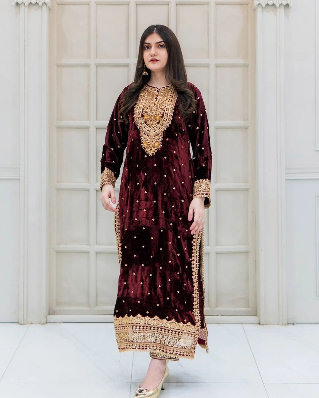 Prazu Fashion Maroon Viscose Velvet Embroidered Sequins Salwar Suit | Grocsy